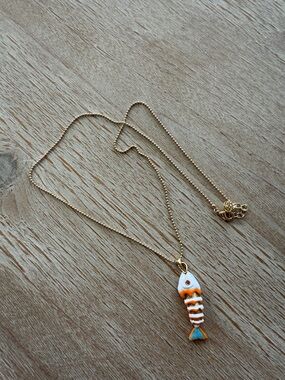 Gold-Tone Necklace with Orange & White Enamel Fish Pendant